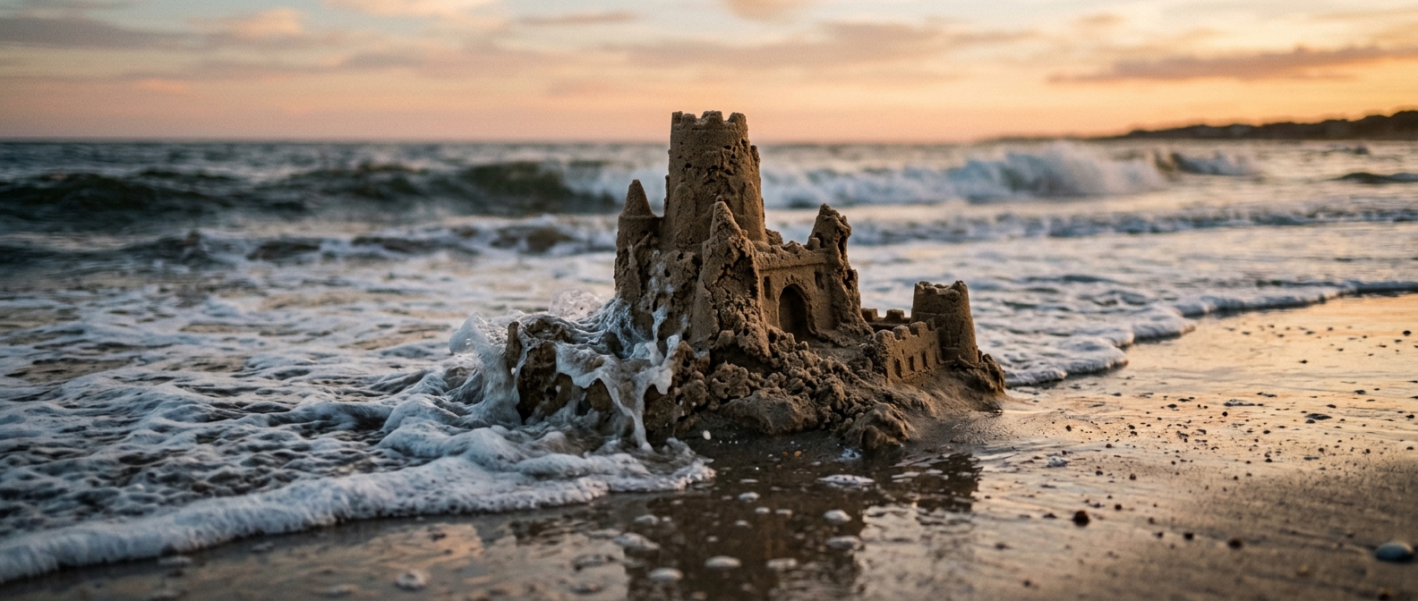 A sandcastle at sunset, partially washed away by waves — a visual metaphor for fading memory