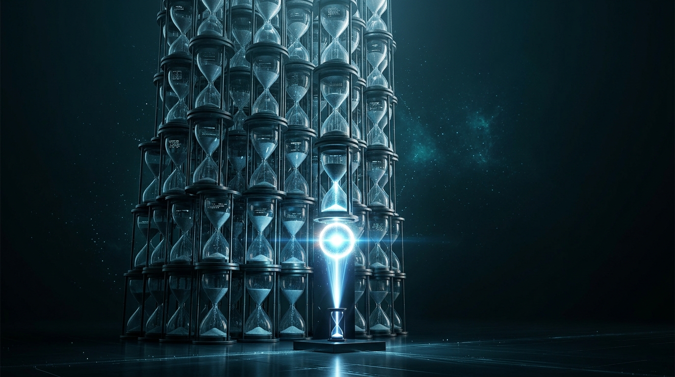A towering stack of hourglasses with a single glowing orb of light distilled at the base