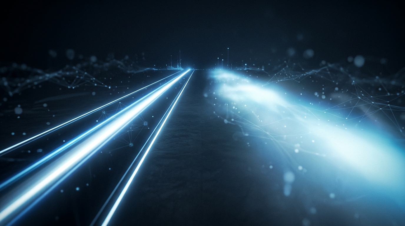 Two distinct light beams side by side — one narrow and focused, one broad and diffuse — representing specialized vs. general AI tools