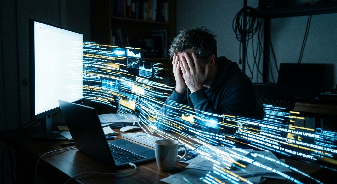A firehose of data and headlines flowing into an overwhelmed person