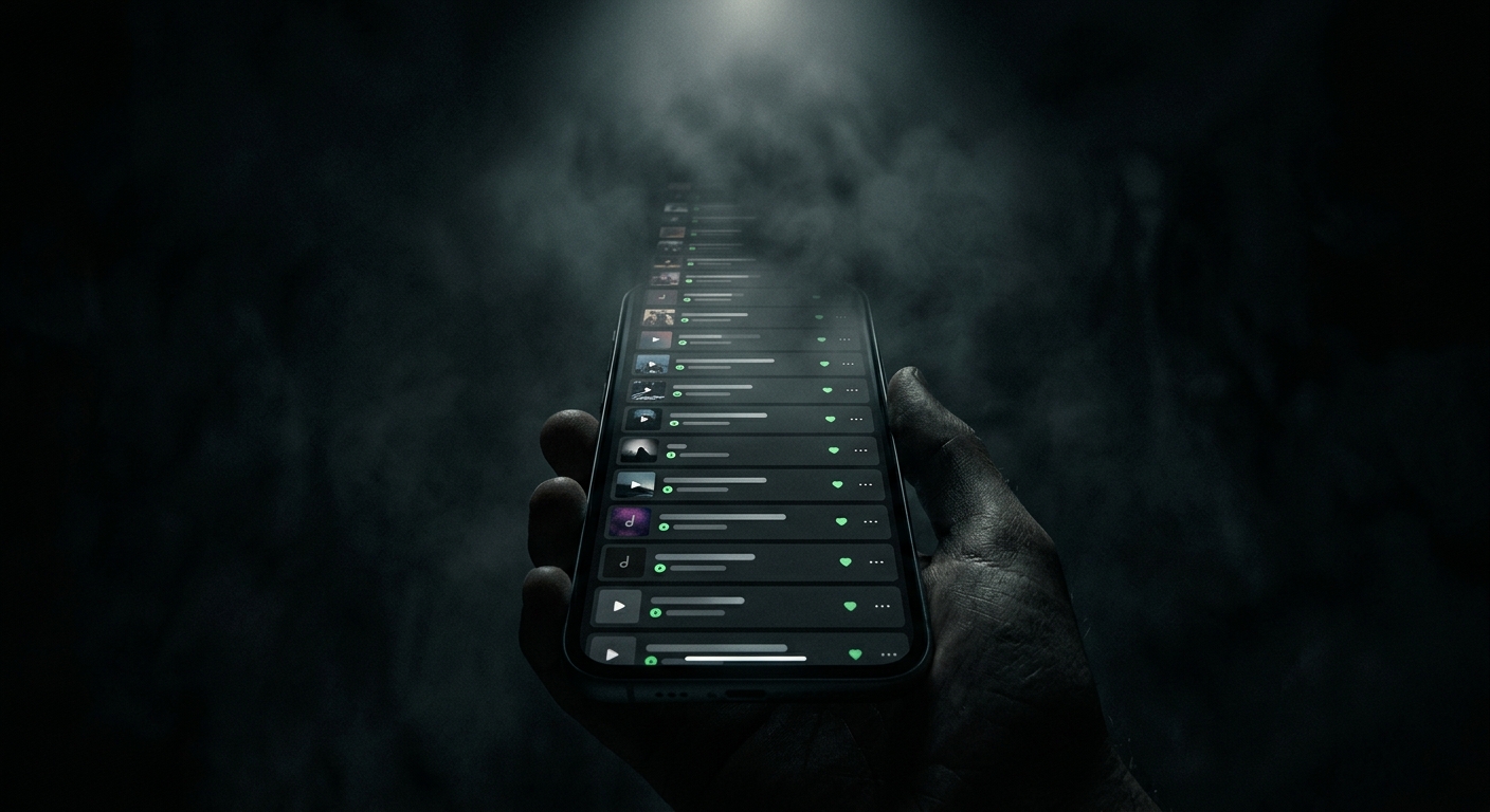 A smartphone showing an endless YouTube Watch Later list disappearing into darkness
