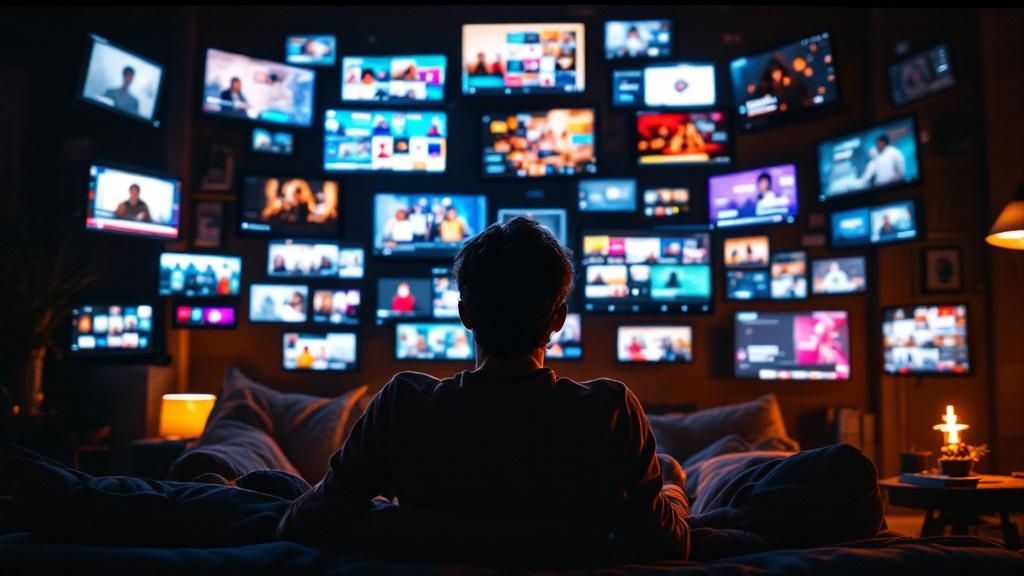 An overwhelmed viewer surrounded by glowing screens and endless content queues