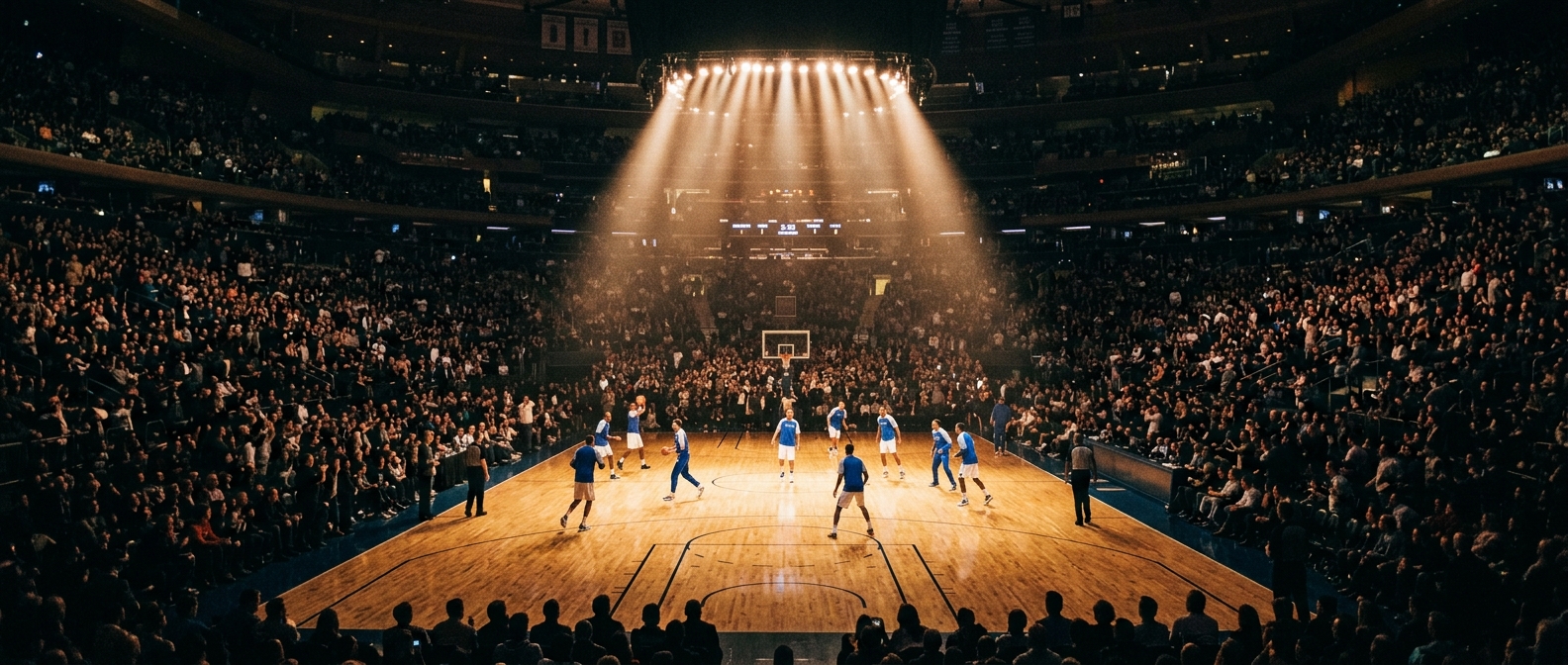Basketball court with bright arena lights and a crowd in the background