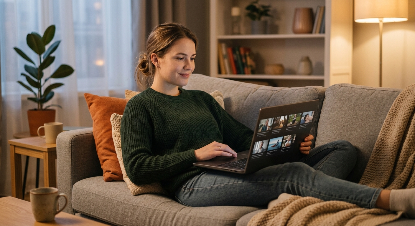 Person scrolling through a stacked timeline of video thumbnails on a laptop, catching up efficiently