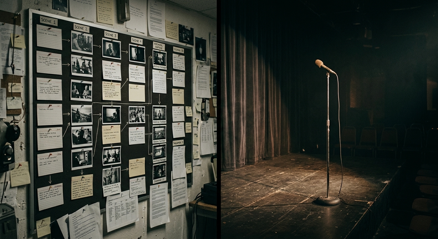 A split image contrasting a structured documentary storyboard with a stand-up comedy stage, representing two content types that summarize very differently