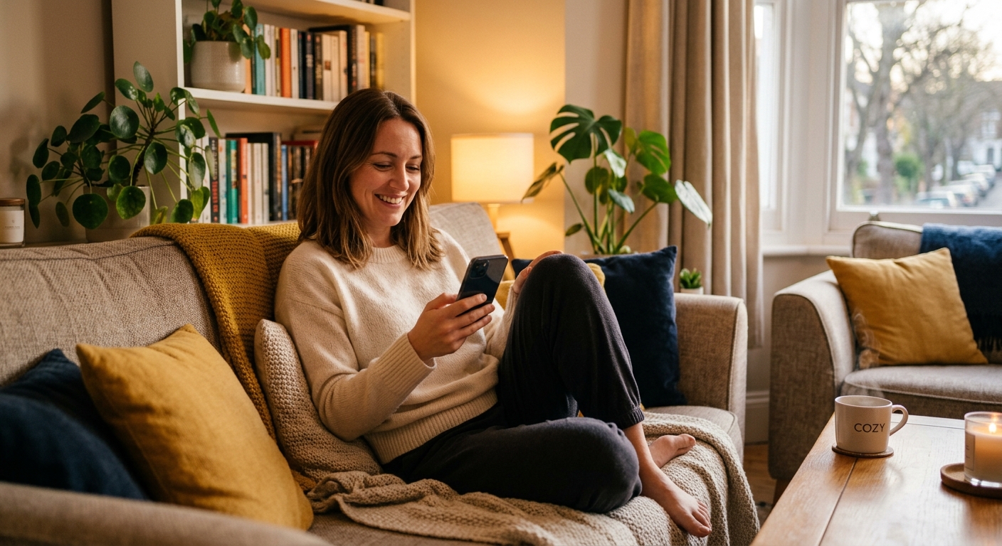 Person relaxed on a couch, smiling while checking a manageable YouTube subscriptions feed on their phone