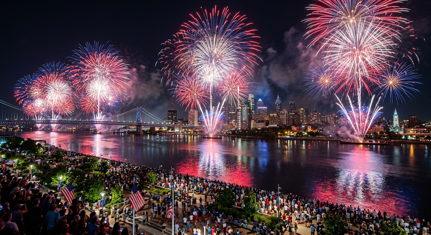Spectacular Fourth of July fireworks over a city skyline reflected in a river below