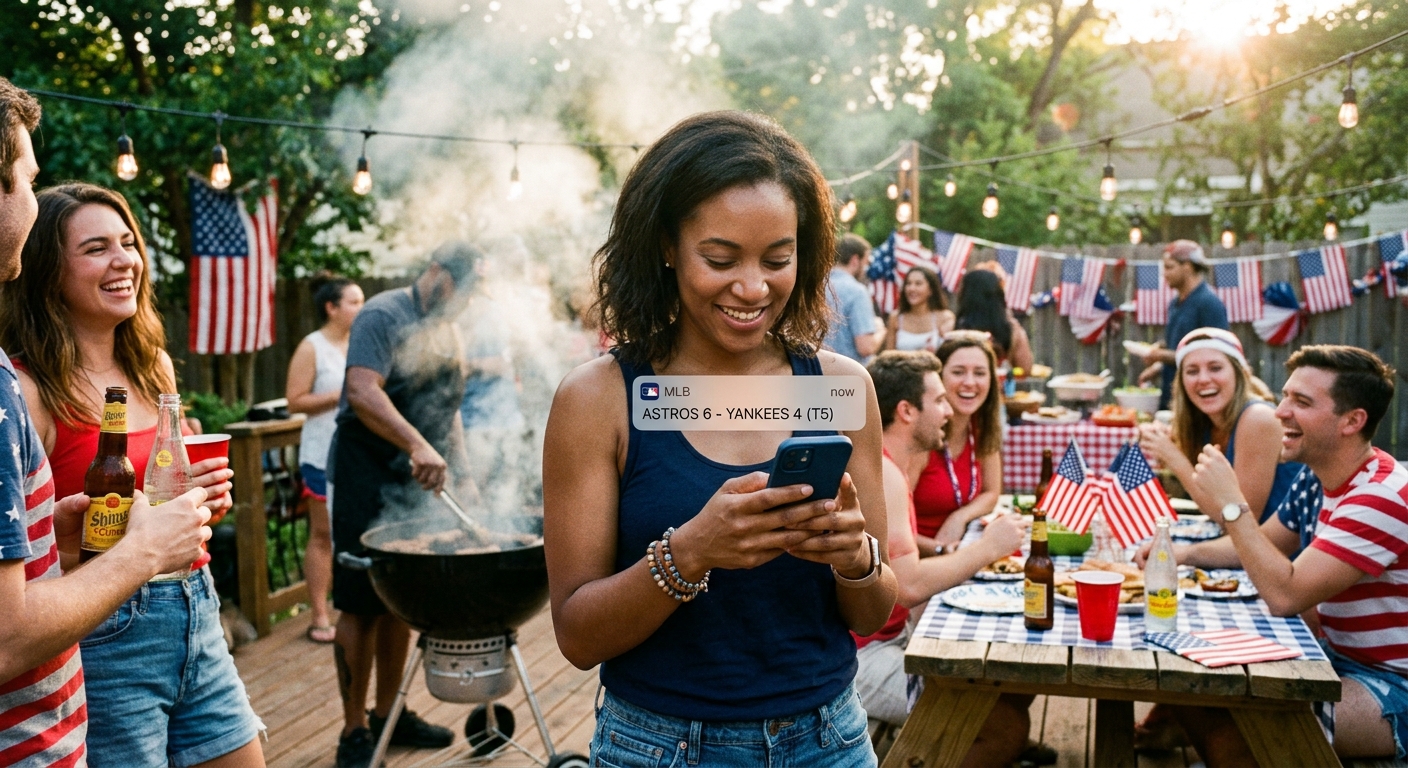 Woman checking a sports score notification on her phone at a lively backyard 4th of July cookout