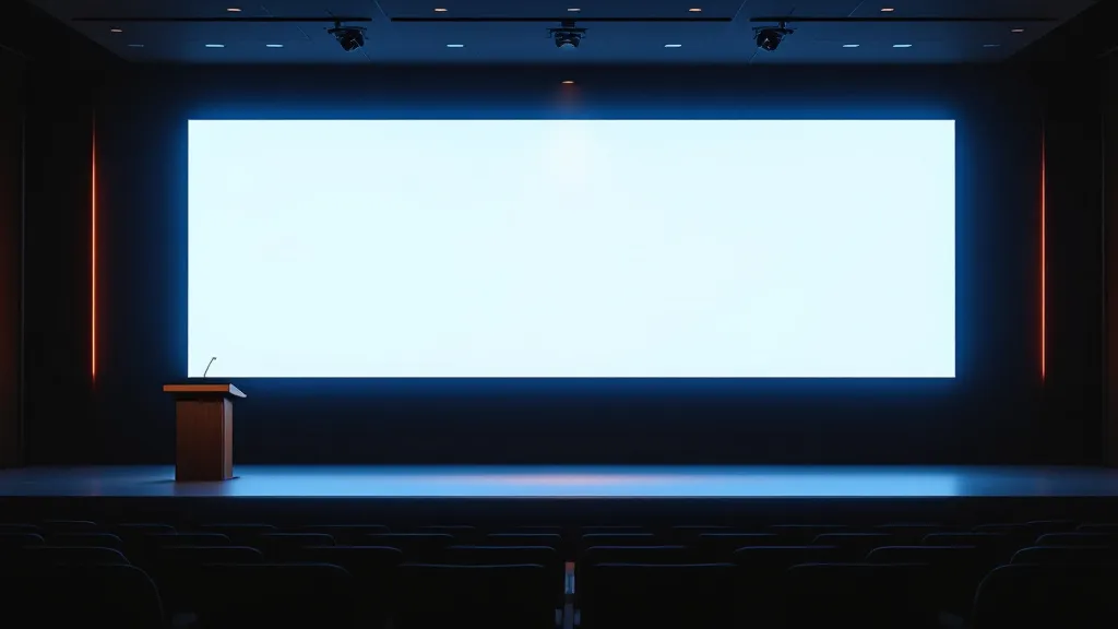 An empty lecture hall stage with a wooden lectern and a large blank glowing screen, seen from the dark rows of seats