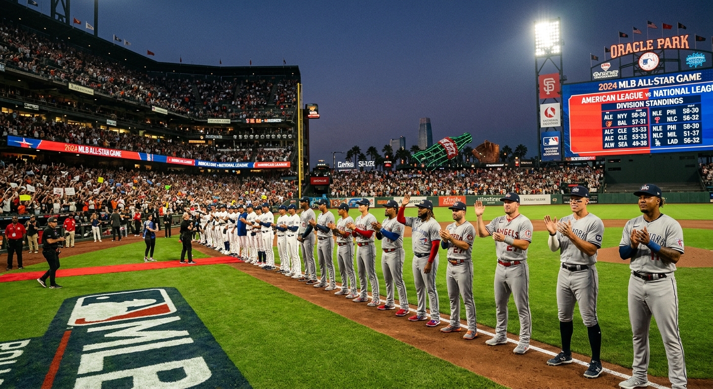 MLB All-Star Game player introductions in a packed stadium with the division standings displayed on the scoreboard