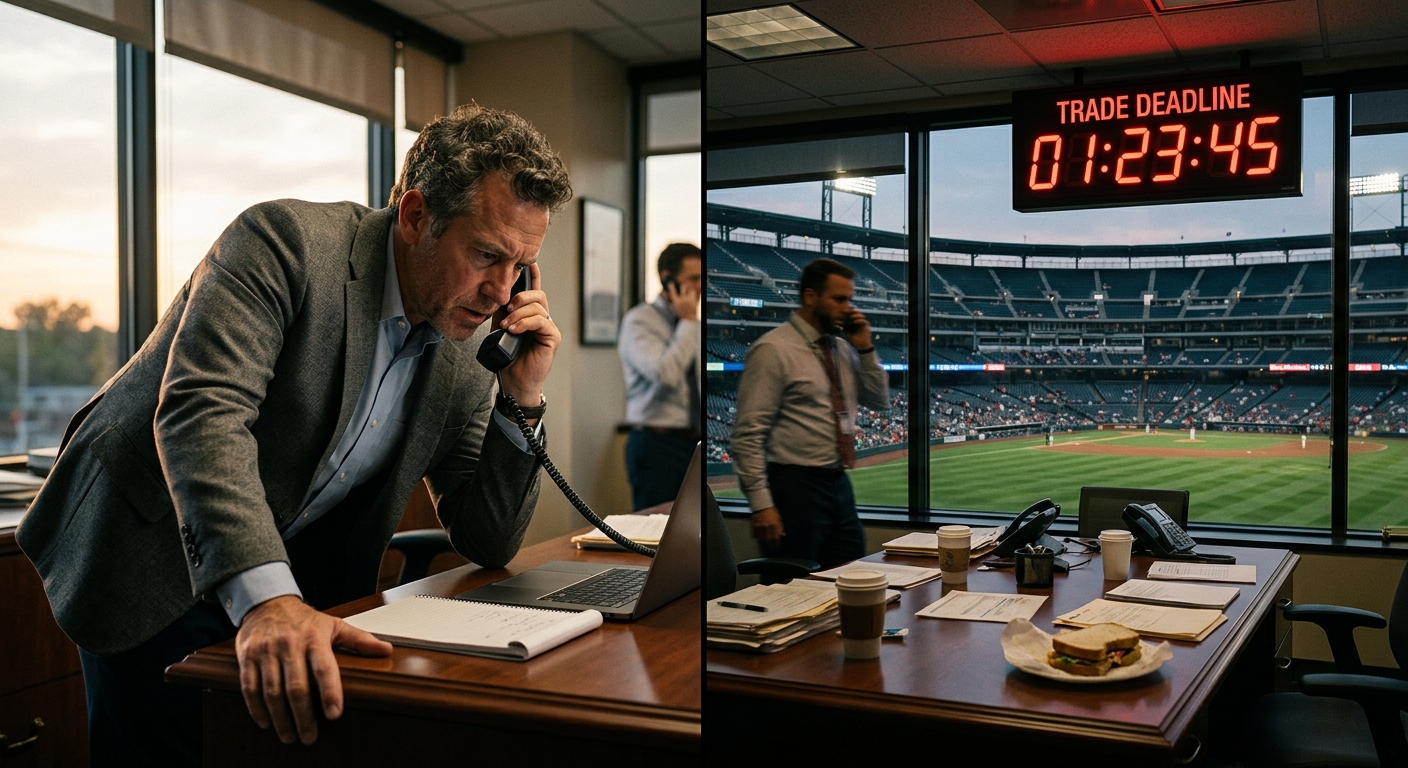 General managers on the phone in a front office overlooking a baseball stadium with a trade deadline countdown clock