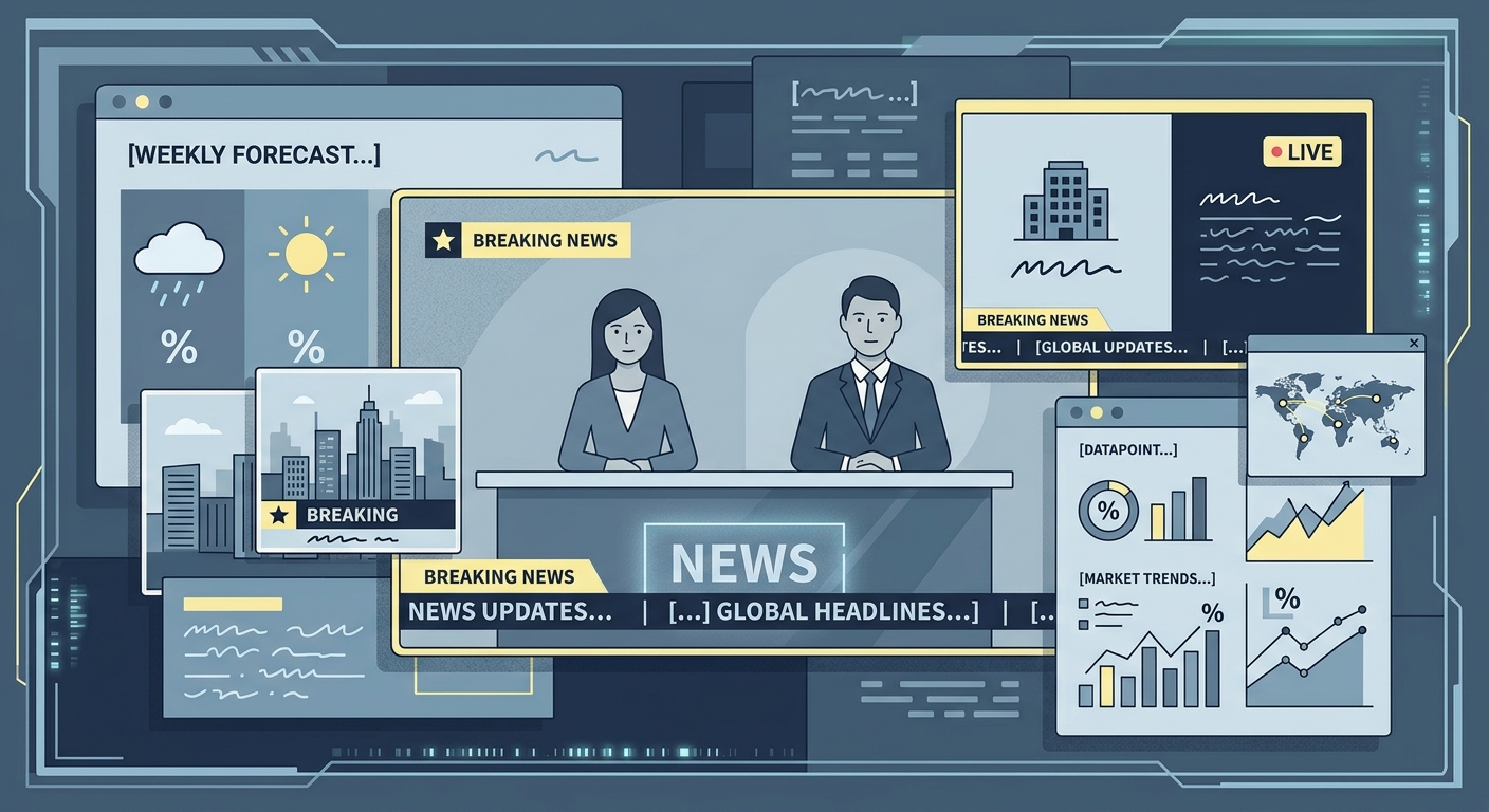 A cluttered news broadcast set with multiple overlapping graphics, tickers, and segments, representing summarization difficulty