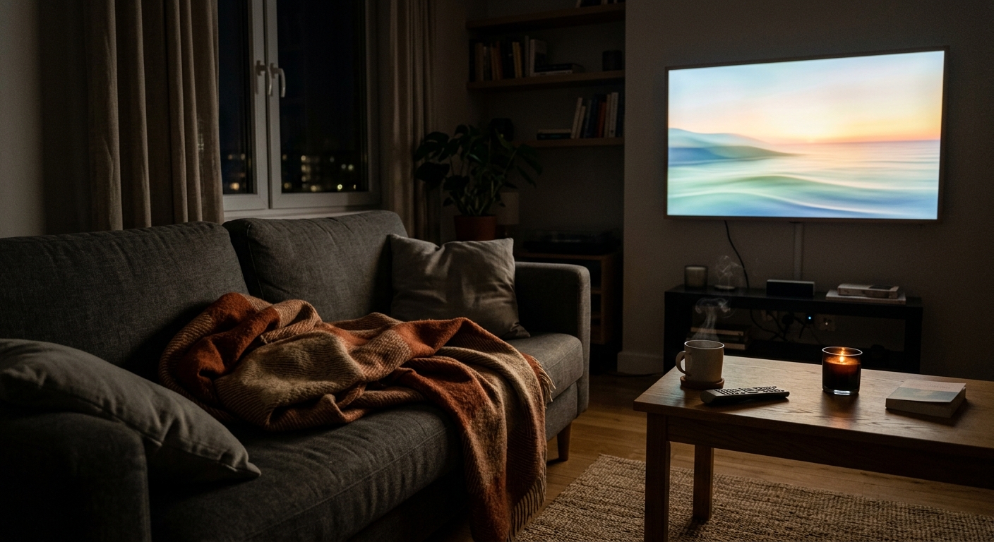 A cozy living room setup with a single TV screen glowing in a dim room, representing a deliberately unhurried, full-length viewing experience