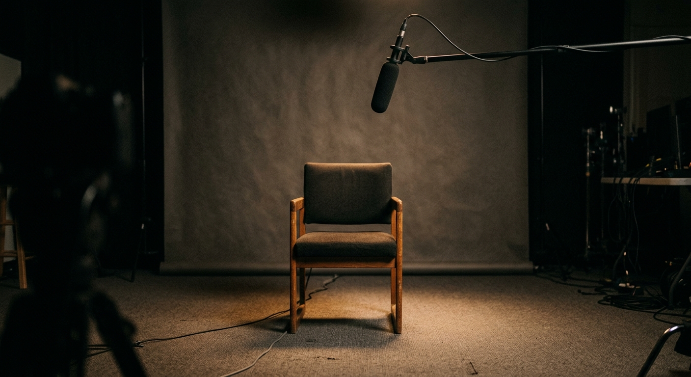A television studio confessional booth setup with a chair and soft lighting, representing the unscripted reaction moments central to reality TV