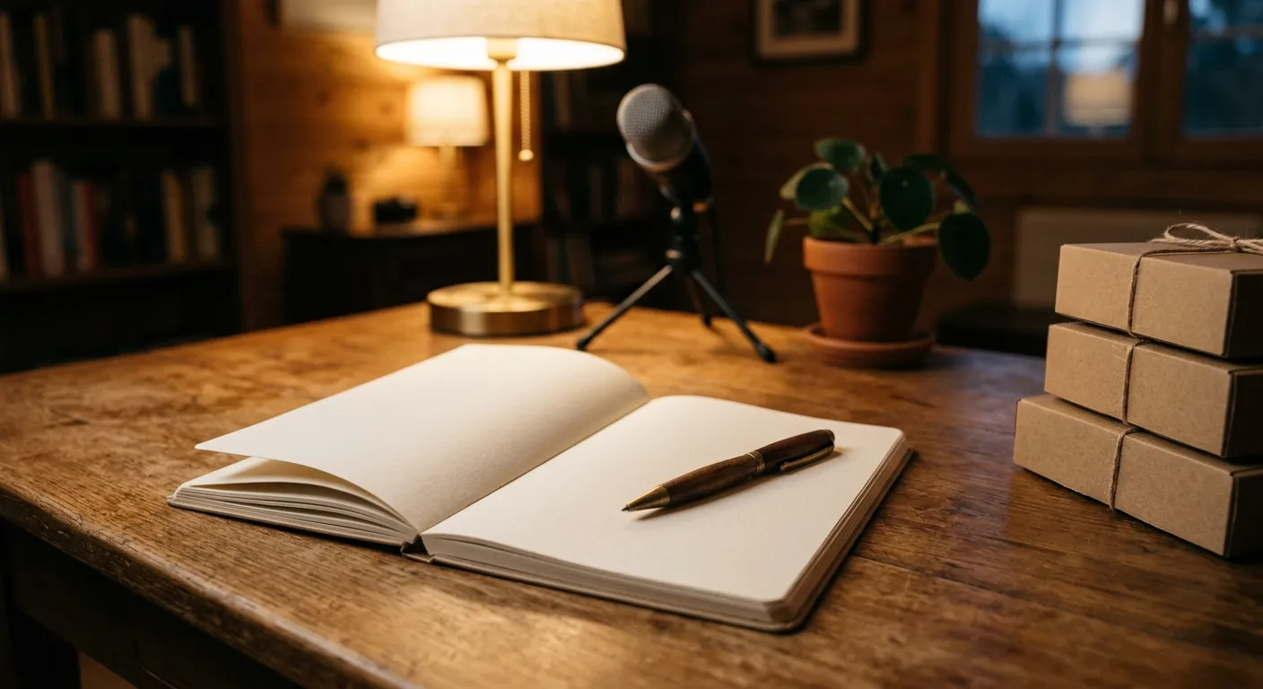 A blank open notebook and pen on a wooden desk under warm lamp light, with a small microphone and a potted plant behind it and a stack of plain twine-tied cardboard boxes pushed to the edge