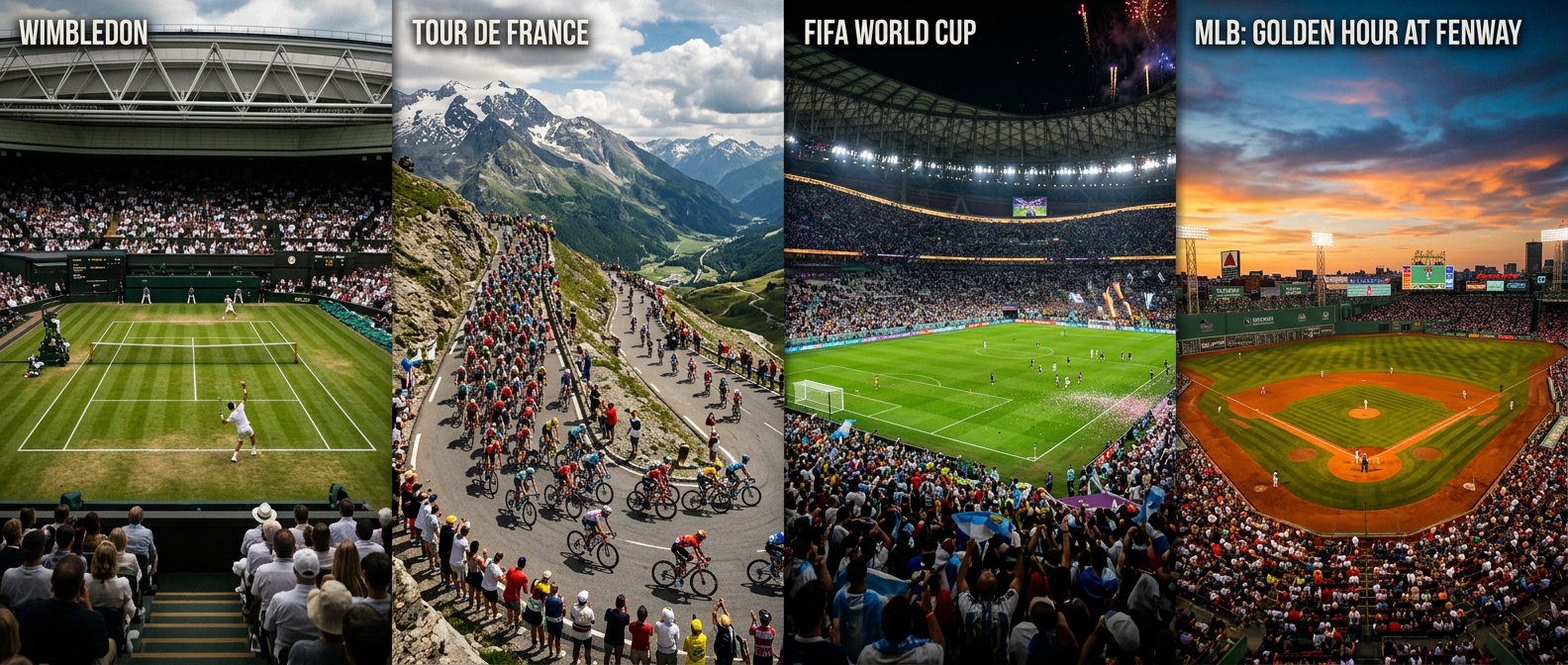 Four-panel sports collage featuring Wimbledon, Tour de France, FIFA World Cup, and MLB stadiums