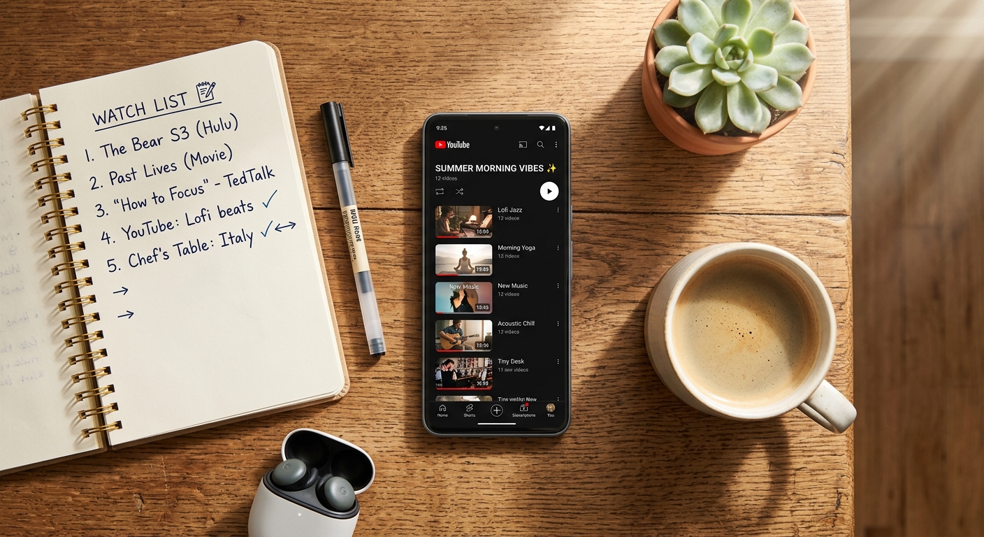 Curated YouTube watch list on a phone in summer morning light