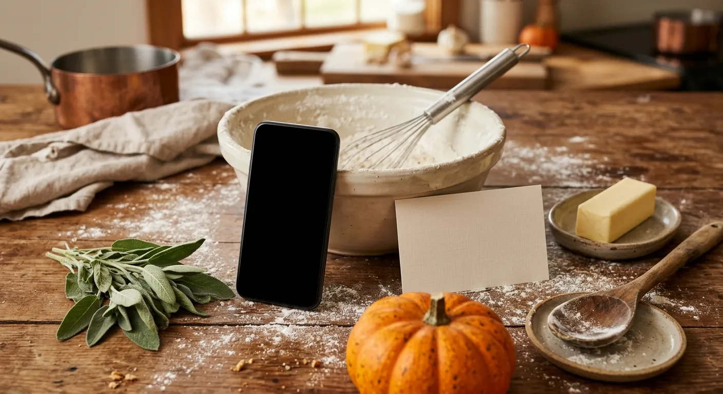 A phone with a dark screen propped against a flour-dusted mixing bowl and whisk on a wooden counter, with fresh sage, a small pumpkin, butter, and a blank recipe card