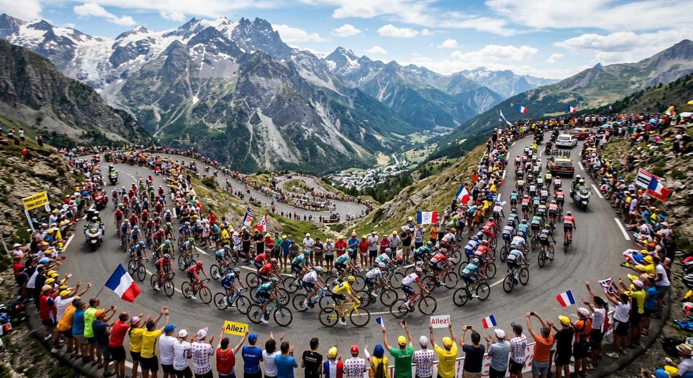 Professional cyclists climbing a dramatic Alpine mountain pass at the Tour de France