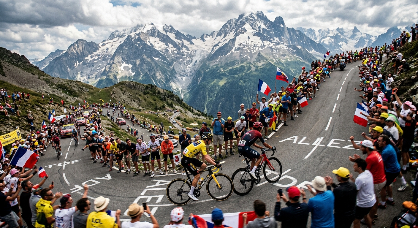 Tour de France riders battling head-to-head up a mountain climb in the French Alps with crowds lining the road