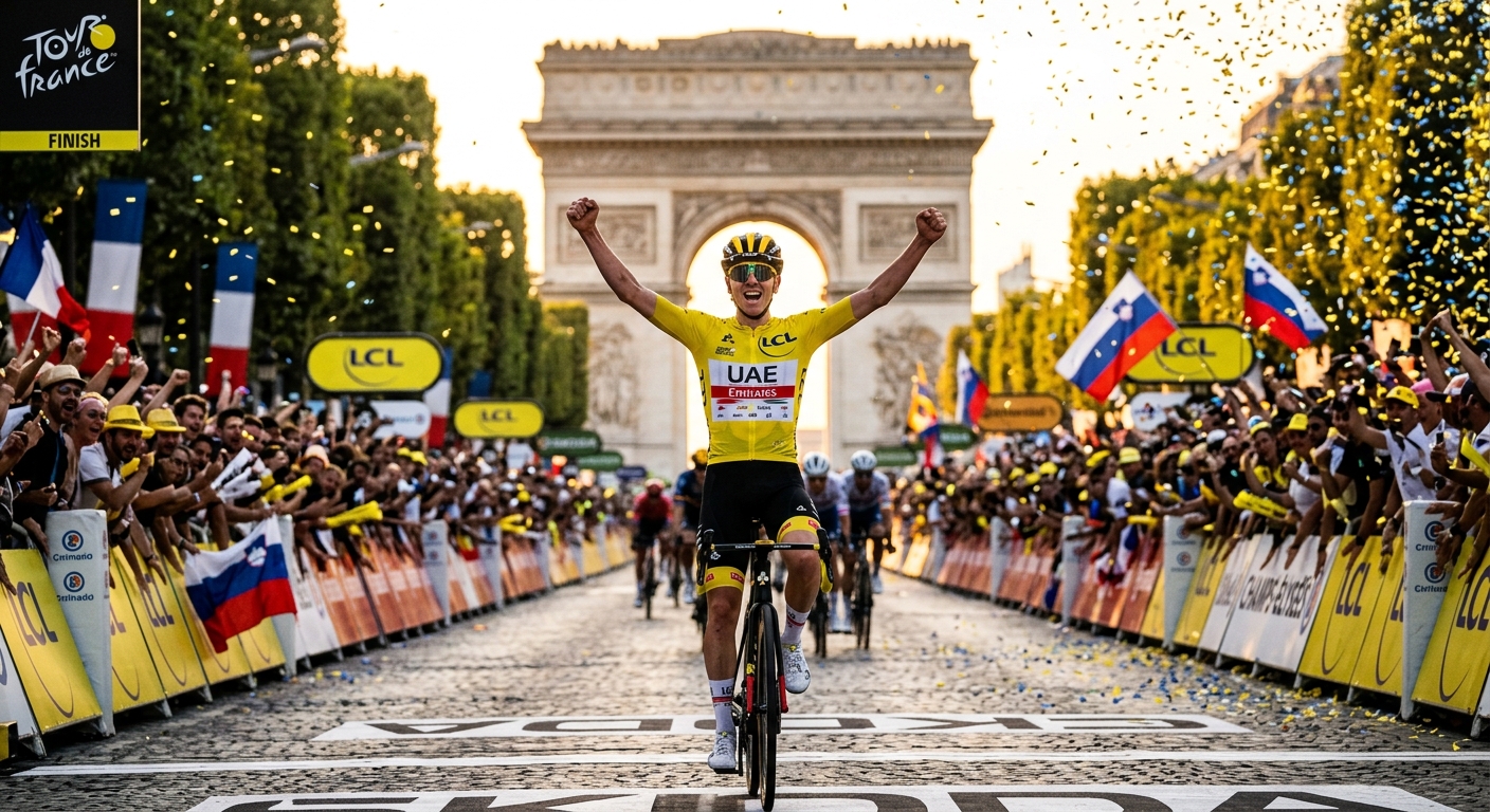 Tour de France yellow jersey winner celebrating with arms raised crossing the finish line on the Champs-Élysées in Paris