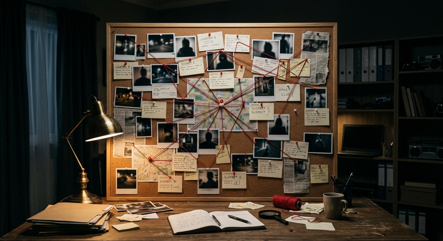 A dimly lit room with a corkboard covered in strings and pinned notes, representing the suspense-driven structure of true crime storytelling