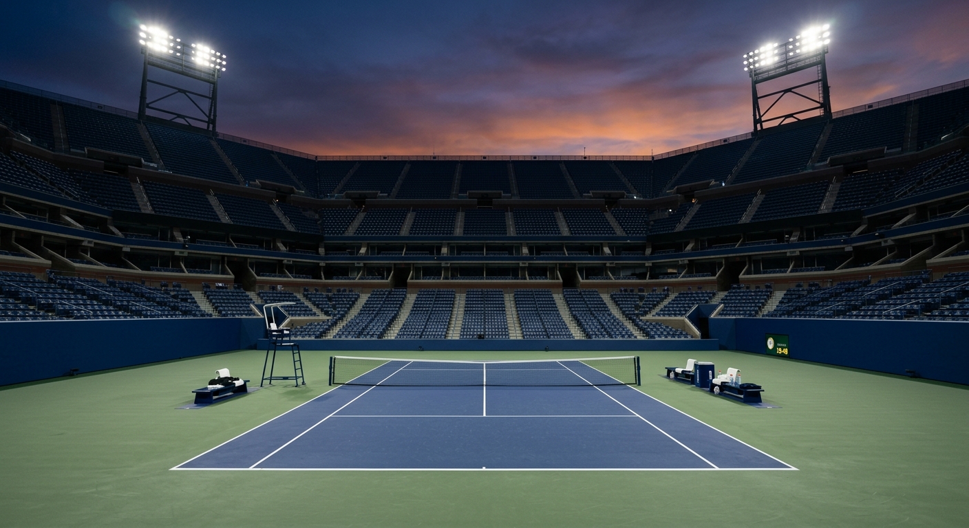 A tennis stadium at dusk with the court lights coming on, ready for a match to begin