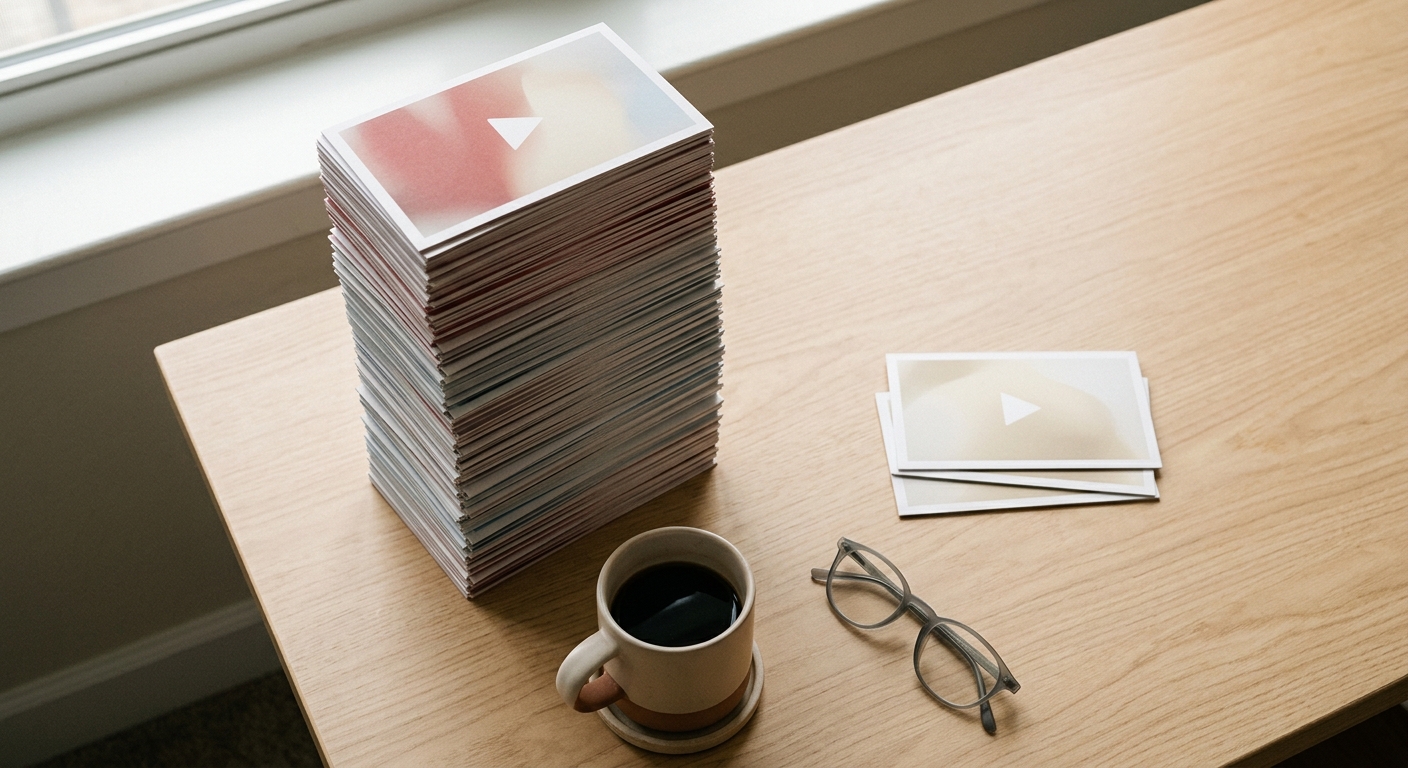 A long vertical stack of blank video thumbnail cards on a desk, with a short sorted pile beside it