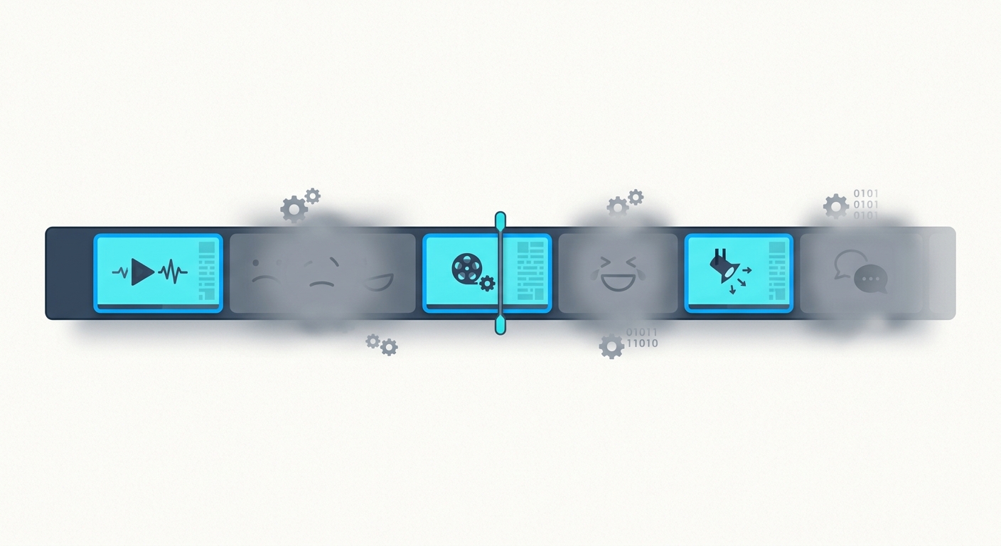A video timeline with some sections highlighted and clearly captured, others faded and greyed out, representing what a summary retains versus loses
