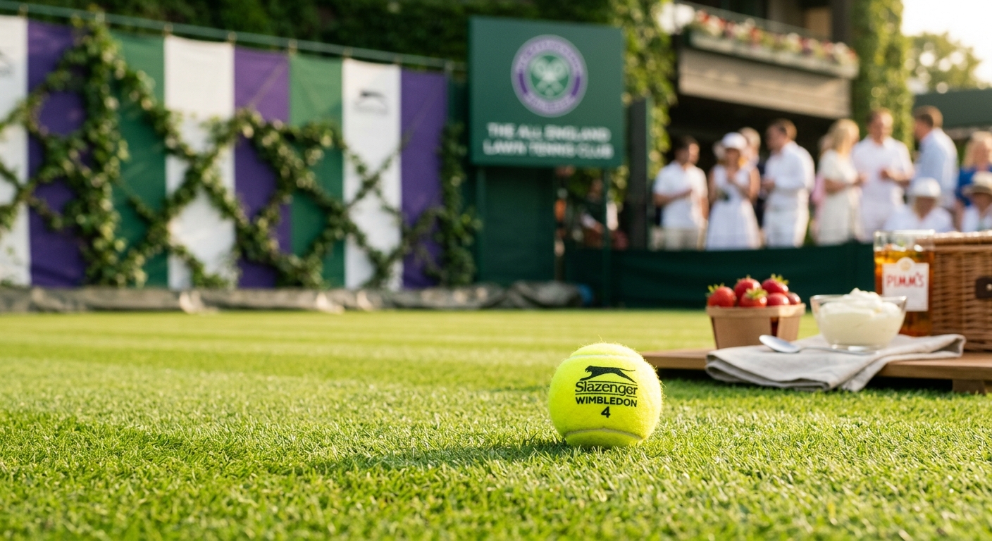Tennis ball on Wimbledon grass court in warm summer light