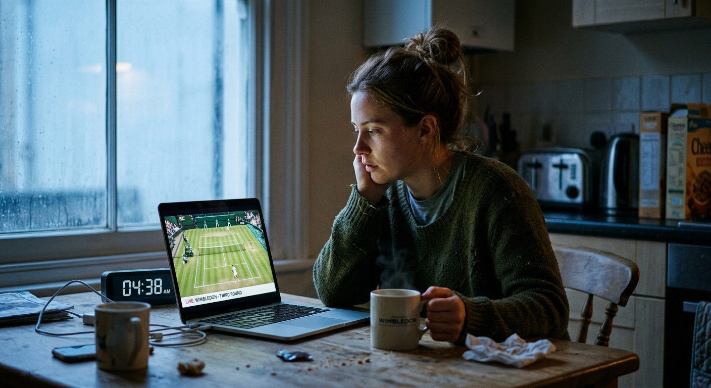 Person watching Wimbledon tennis on a laptop at an early morning kitchen table with coffee