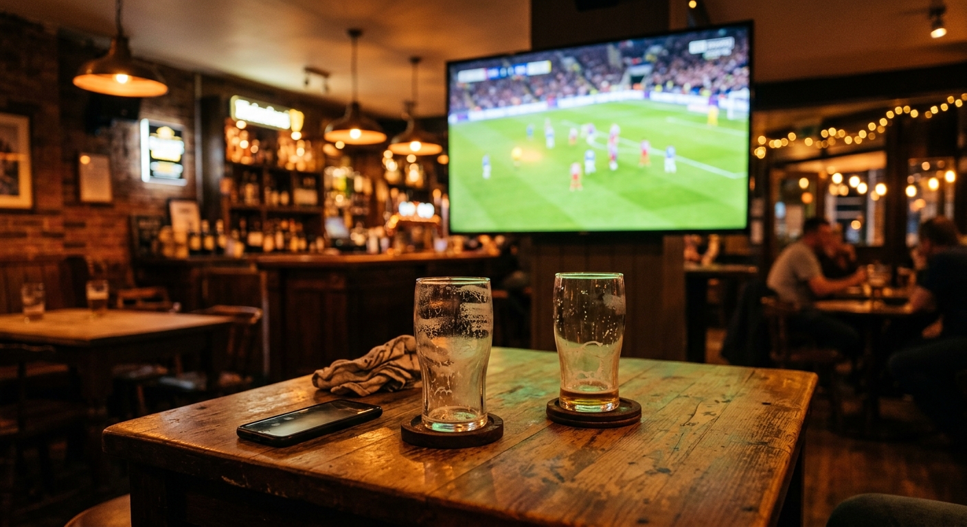 A casual watch party setup with soccer on TV in the background