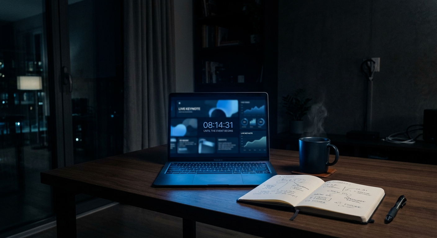 Laptop open on a clean desk, screen glowing with anticipation, WWDC keynote day energy
