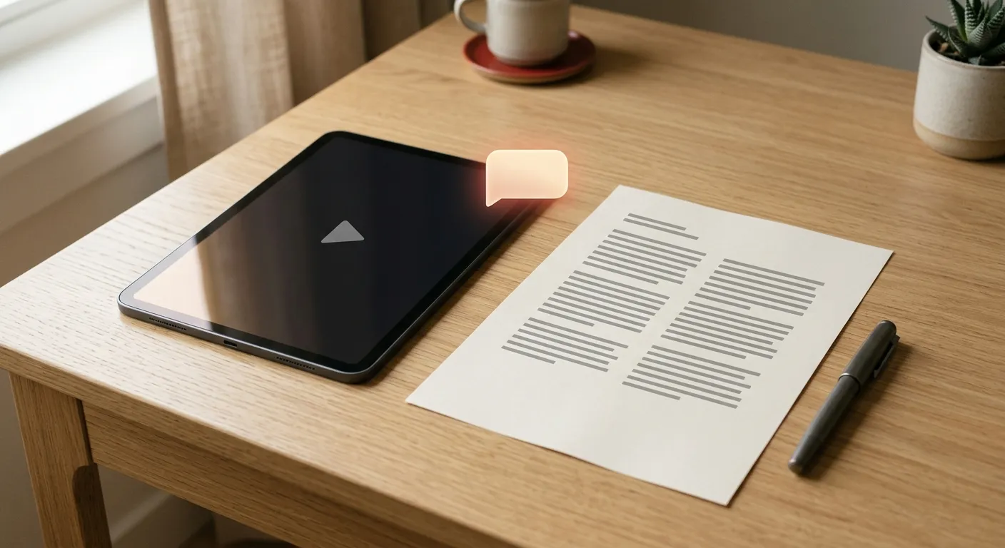 A tablet showing a video play button with a glowing chat bubble beside it, next to a printed page of neatly organized notes and a pen on a wooden desk
